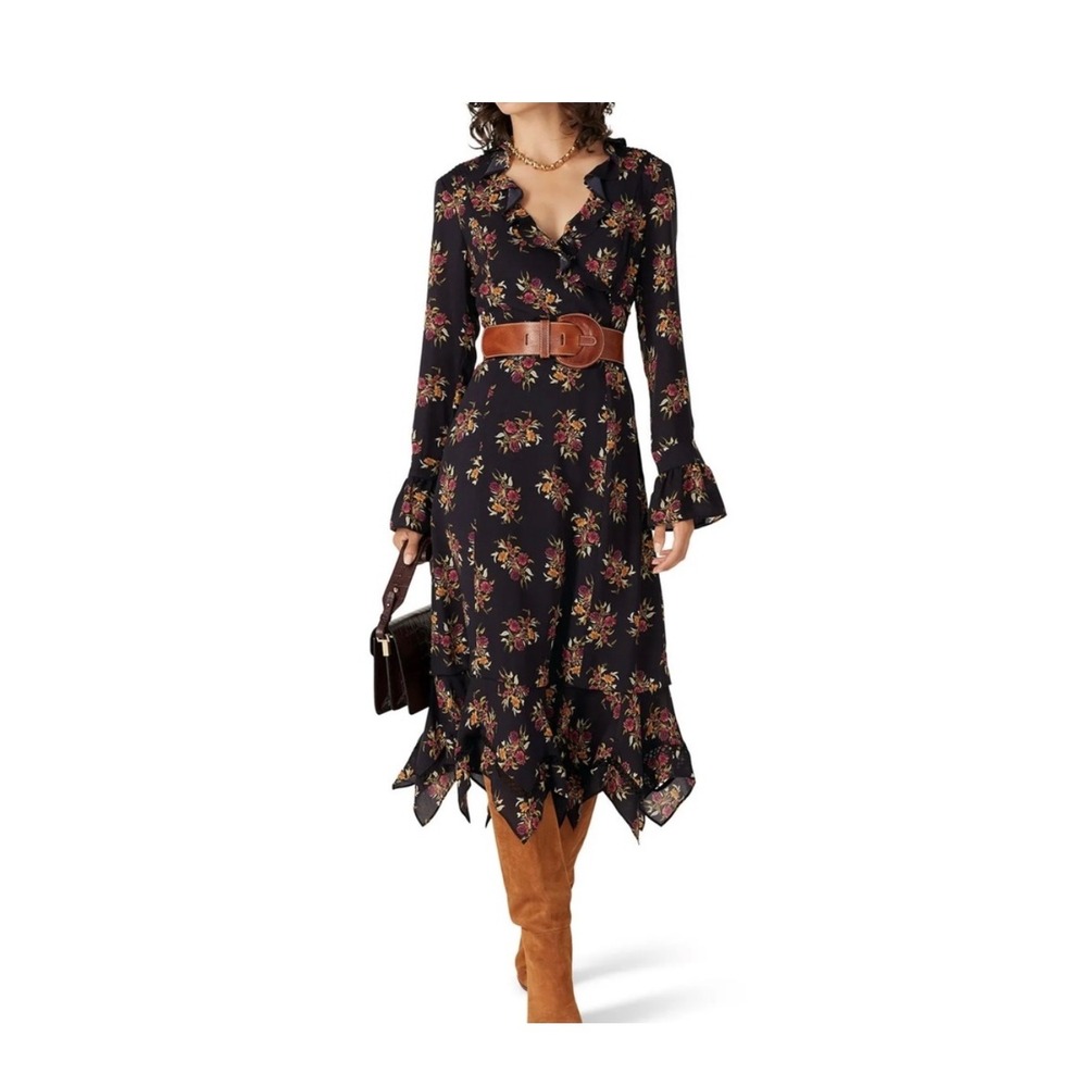 Thakoon Addition Floral Ruffle Handkerchief Hem Midi Dress Black Multi Size 0